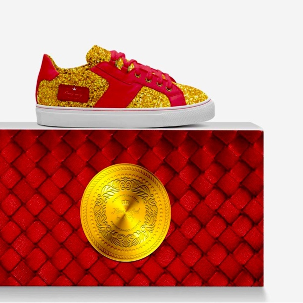 Gold glitter leather and red kid tennis shoes unisex. Brand new in box